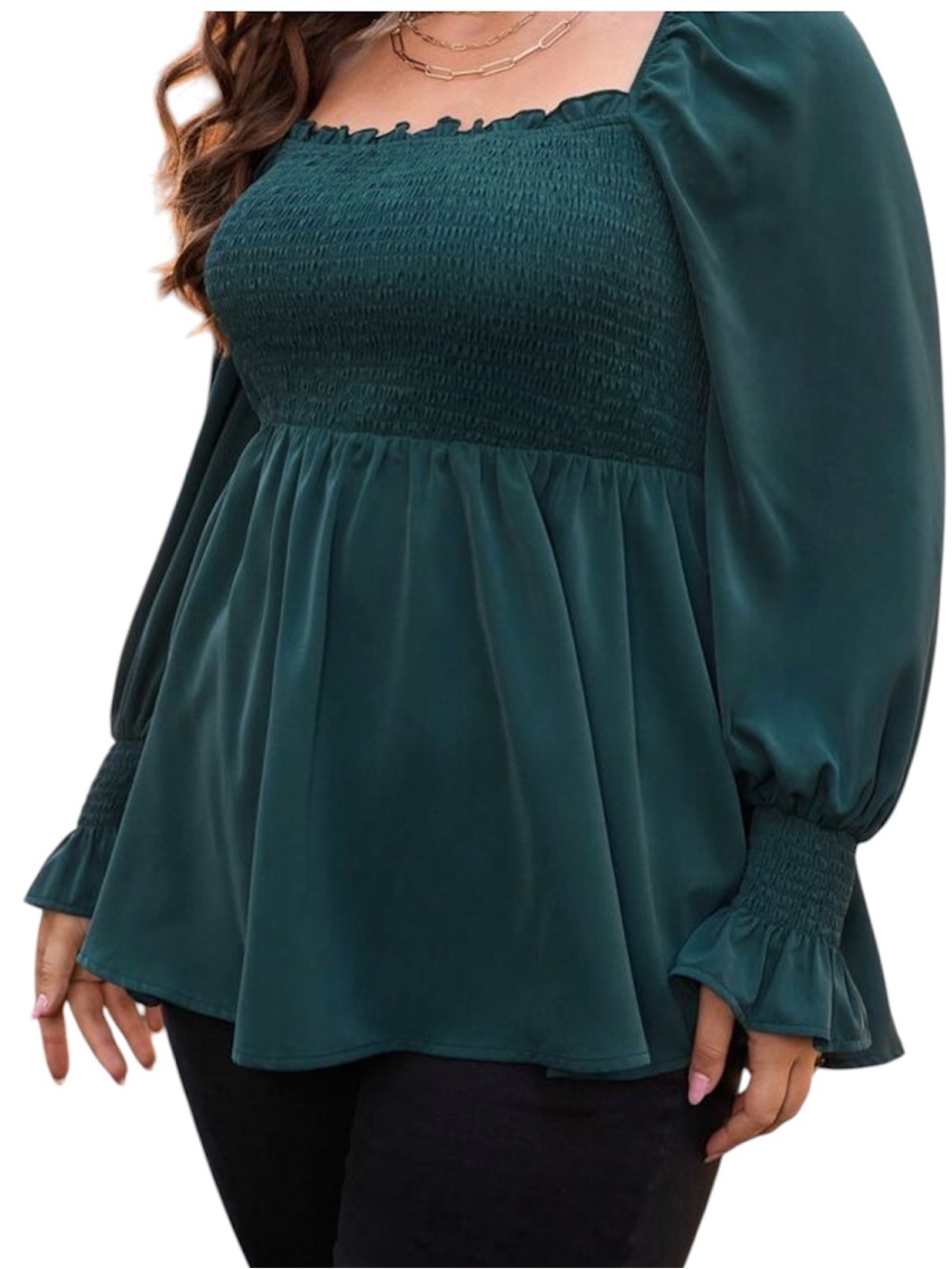SHEIN Teal Blue Smocked Square Neck Peplum Puff Bishop Sleeve Blouse Size XL